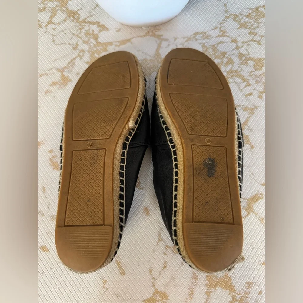 Tory Burch Black Leather Espadrilles with Natural Jute Sole
